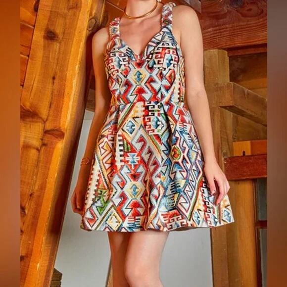 AUTUMN ADEIGBO Keava Sleeveless Tribal Jaquard Criss Cross Back Mini Dress 0 - Picture 1 of 12